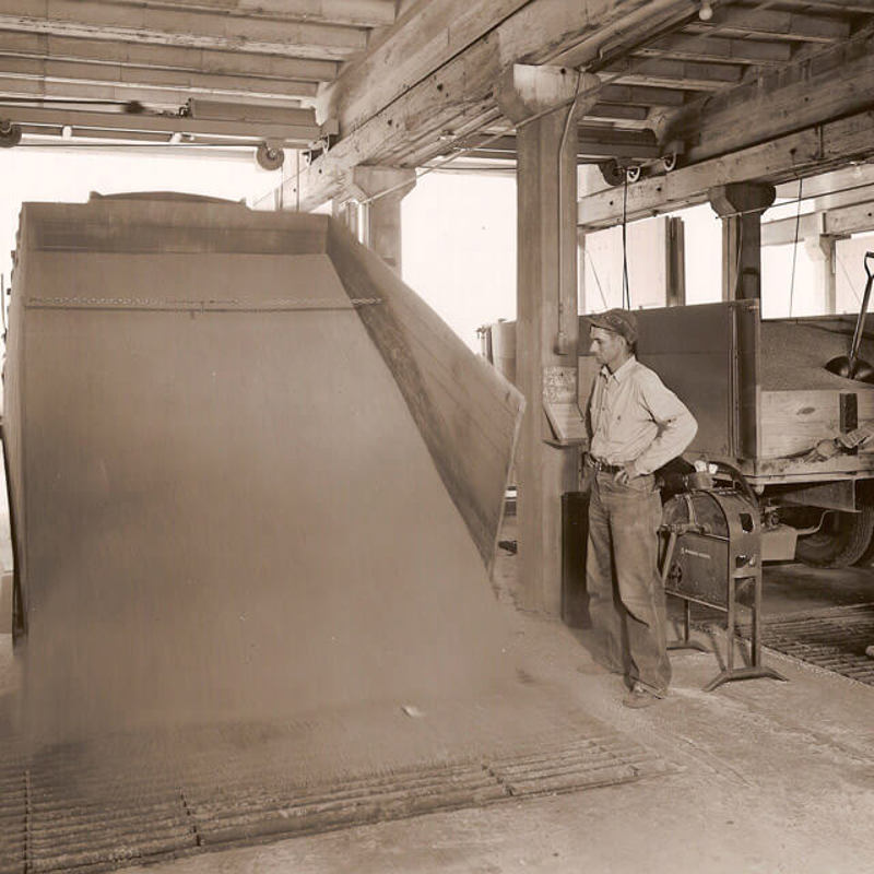 Truck unloading grain during the 1940s