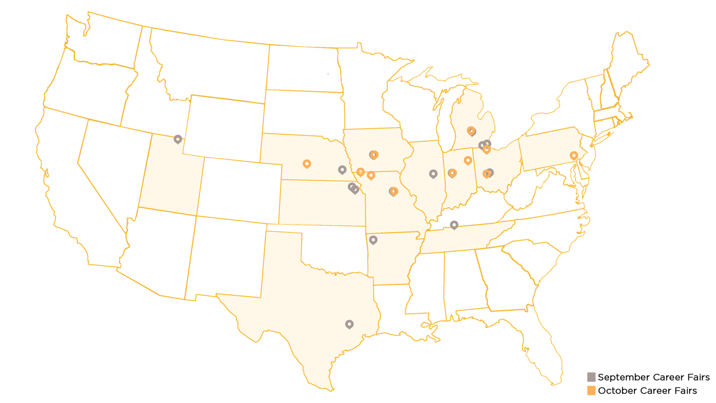 Image of the U.S. map with highlight locations of 2022 career fairs