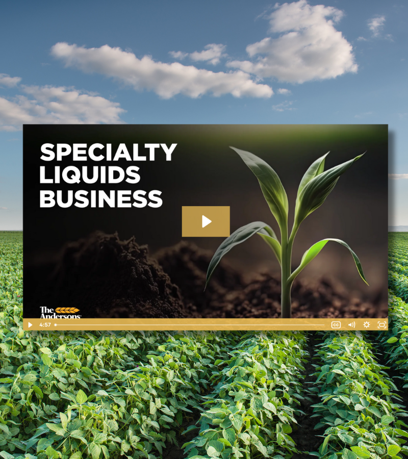 Specialty liquids business video thumbnail overtop of soybean field image 