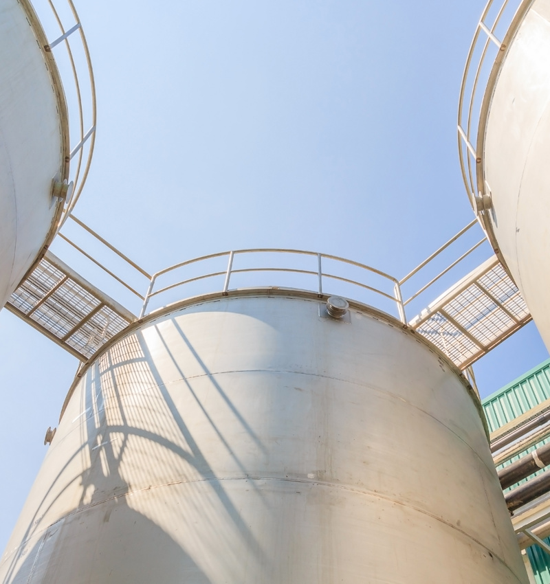Up looking view of steel storage tanks